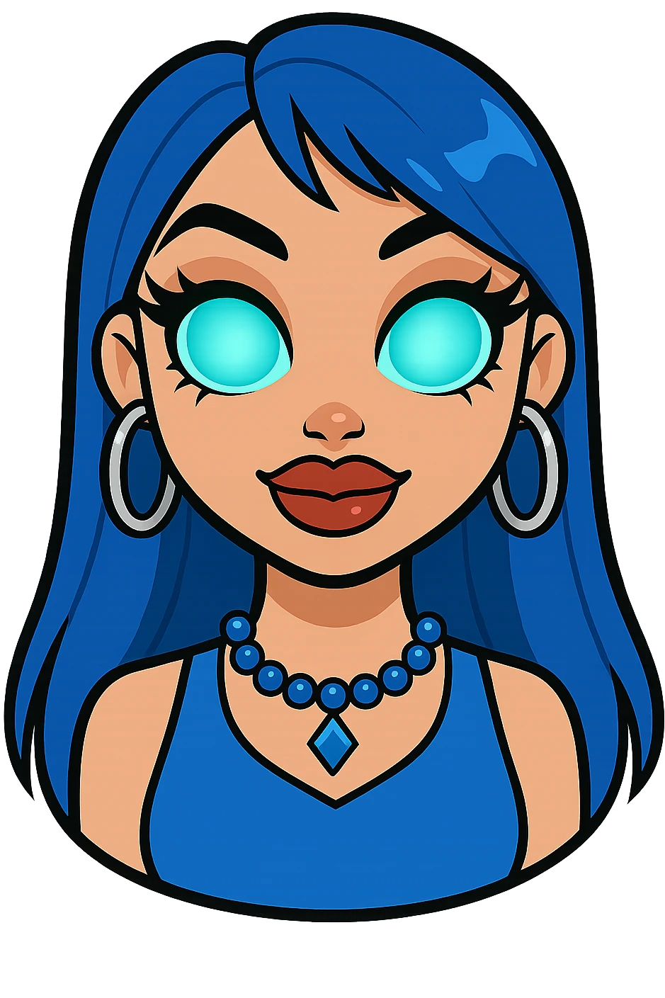 Make her look nice and cute, but with slightly scary eyes, keep gyaru style, blue hair, pretty makeup, bratz baddie style, emoji style, with no background. emoji