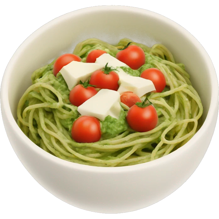A big bowl with spaghetti with green pesto with mozarella chunks and tomatos emoji