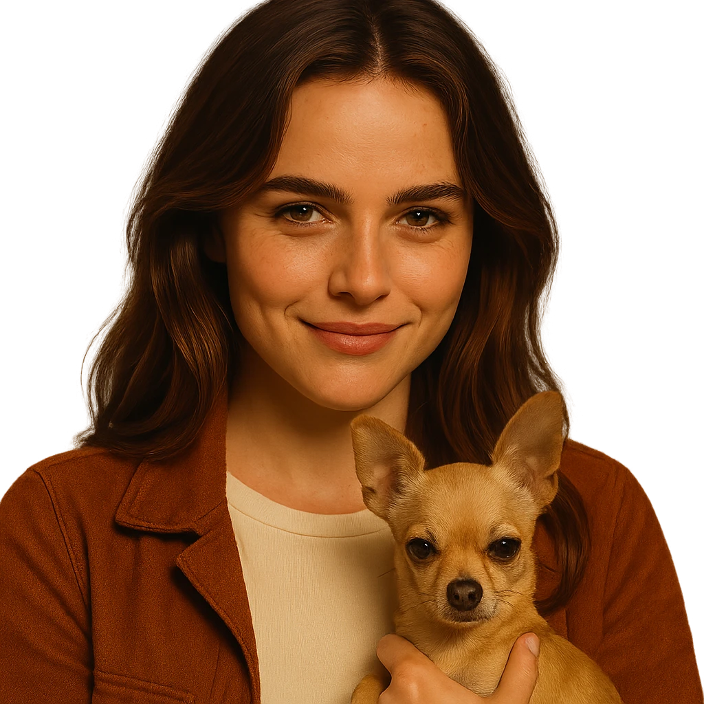 Centered portrait for Instagram profile picture inspired by the facial features visible in the reference images, with a tanned complexion, subtle freckles, shirt color #FFF8CA, rust-colored jacket, medium-length brown hair with auburn highlights, mischievous and knowing expression, holding a beige-brown chihuahua, Netflix series style, transparent background, intimate Tenerife ambiance. emoji