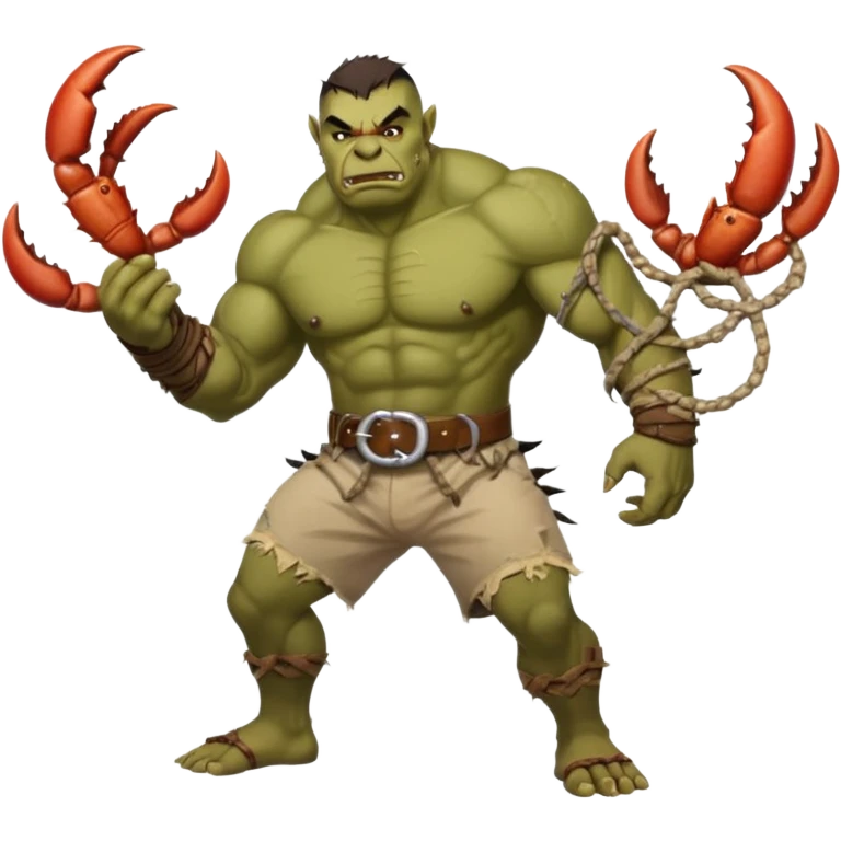 orc male flexing with giant crab. Torn net shorts, claw trophy belt emoji