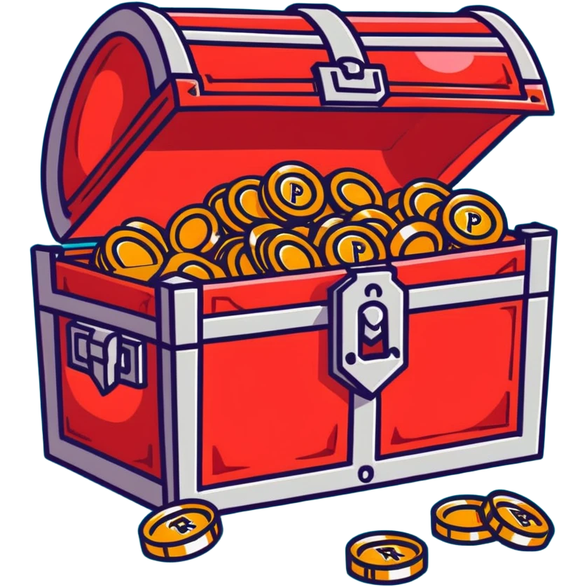 A vibrant red RPG treasure chest with gold coins spilling out emoji
