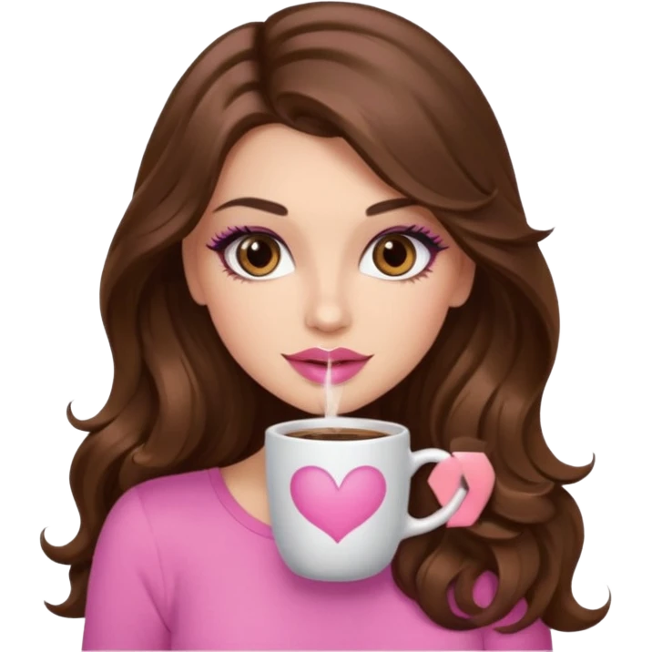 girl with long wavy brown hair, brown eyes, long lashes, makeup, ,sexy pink lips, light to medium complexion, pink sexy top, with a coffee mug emoji