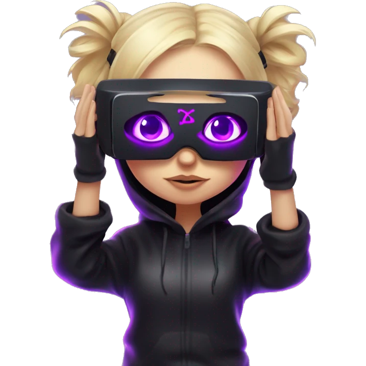 Russian cute blond student girl wearing black hoody with violet letters "OMG", in vr headset. No eyes. Cyberpunk style. Violet neon. emoji