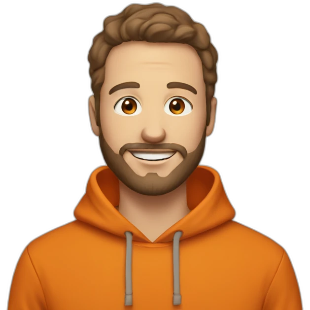 white dude smiling with a brown beard and short brown hair with an orange hooded hoodie with the letters "Posh" on the hoodie emoji