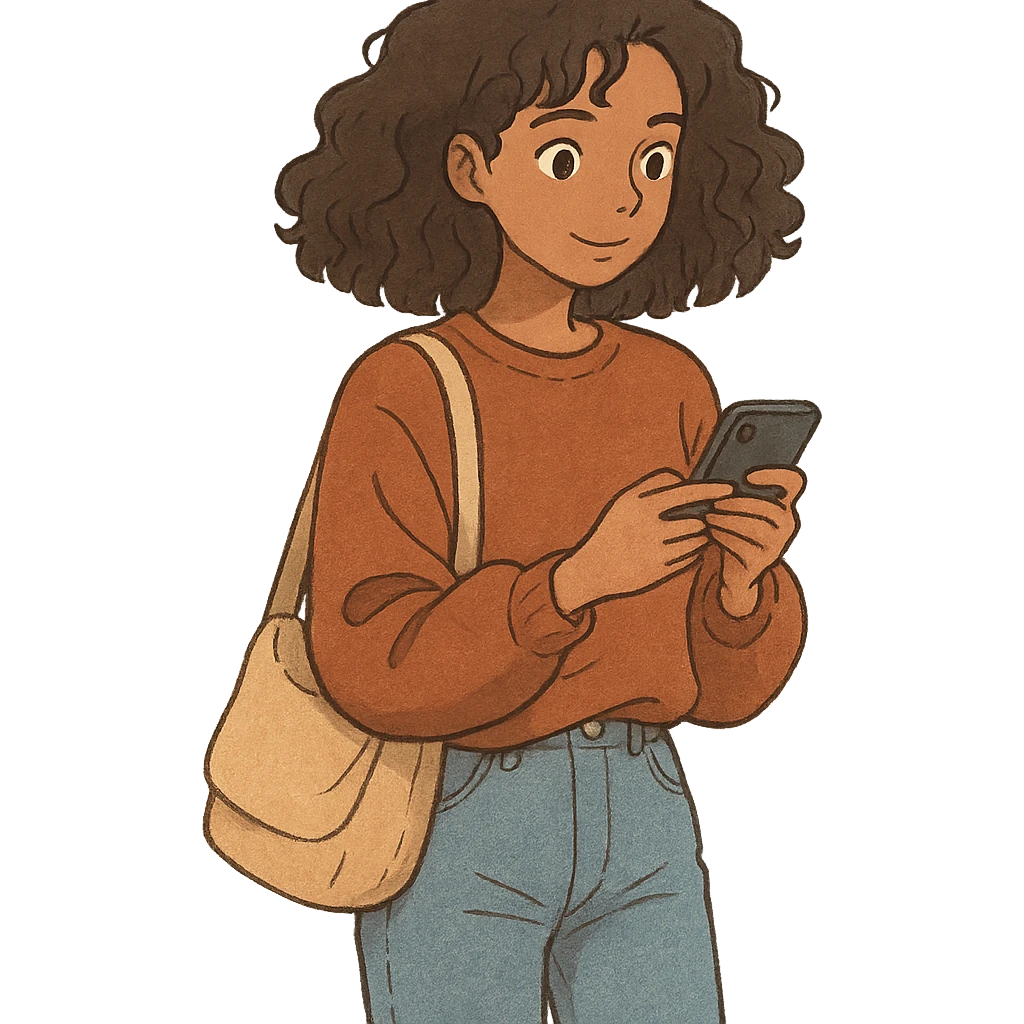 ghibli style brown woman with curly hair, it girl, daily life, daily activities emoji