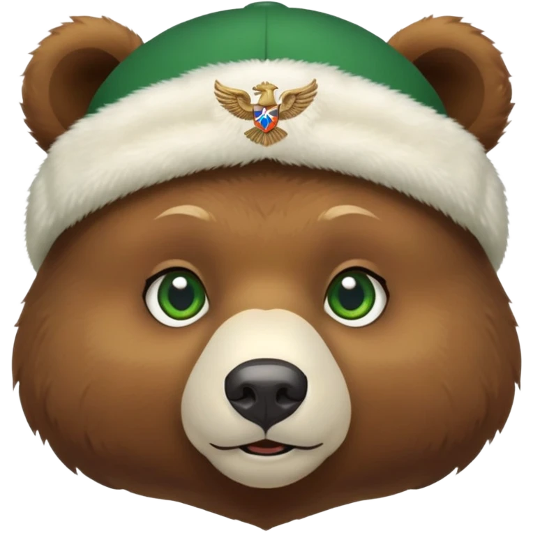 Small cute brown bear head only, innocent expression and green eyes, white ushanka hat with detailed Russian double-headed eagle emblem, no jacket or body, iOS emoji style emoji