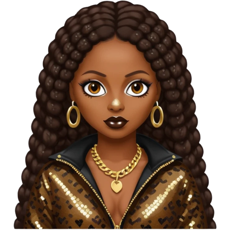 Foxy Brown, Rapper with dark brown hair, black sequin outfit emoji