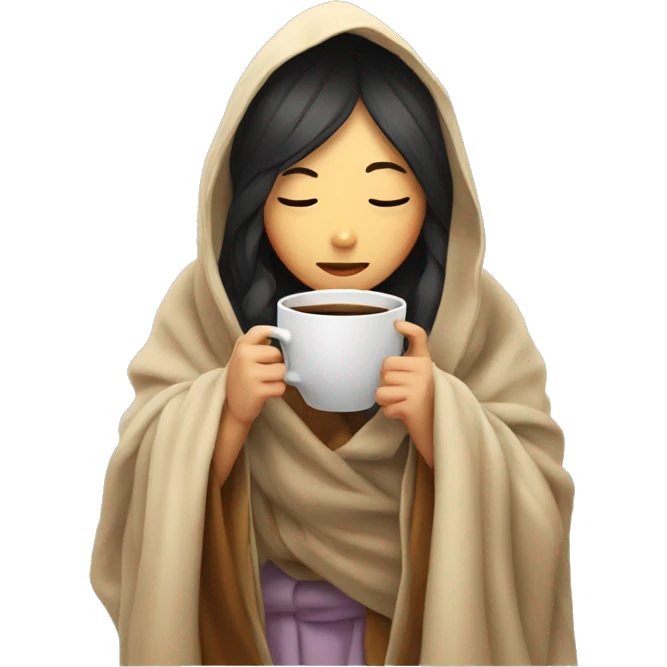 asian girl inside a blanket sipping coffee eyes closed emoji