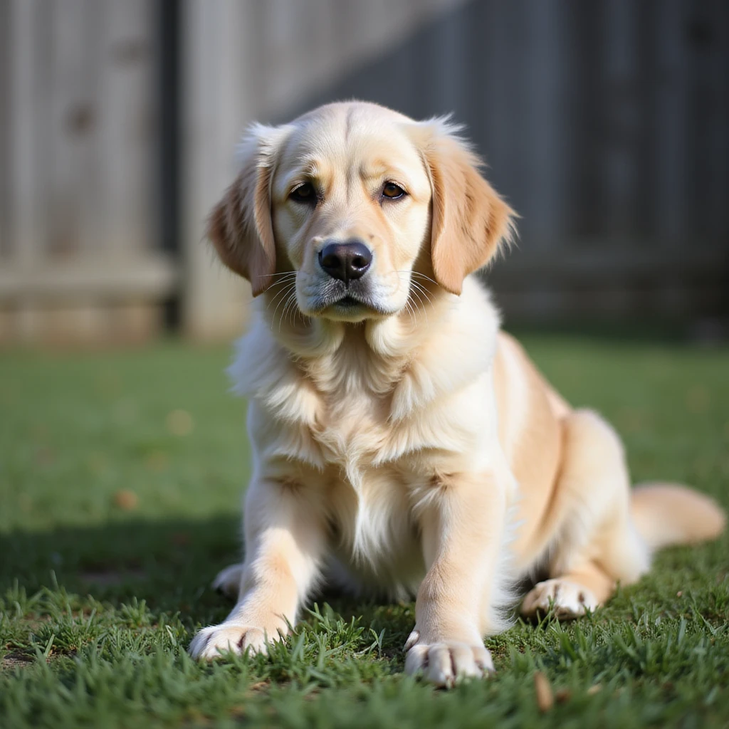 adult english cream golden retriever sitting on grass, facing camera, fence in the background emoji