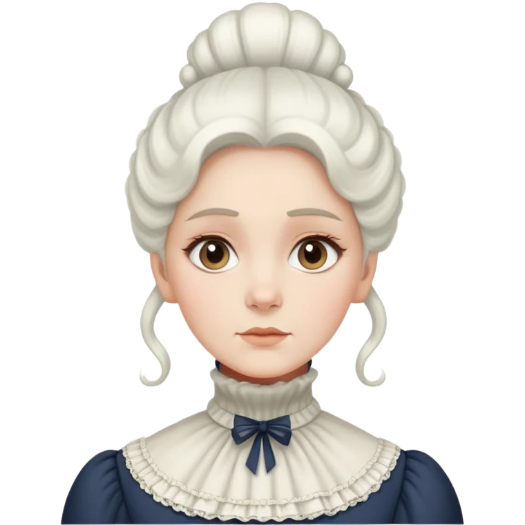 Victorian woman with white coiffed hair, modest turtleneck Victorian dress, and an awestruck expression emoji