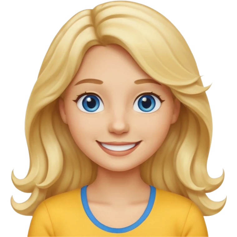 Create a custom emoji-style character inspired by a smiling woman with long, wavy blonde hair, light skin tone, and blue eyes. Emphasize a friendly, approachable expression with a bright smile and soft features. emoji