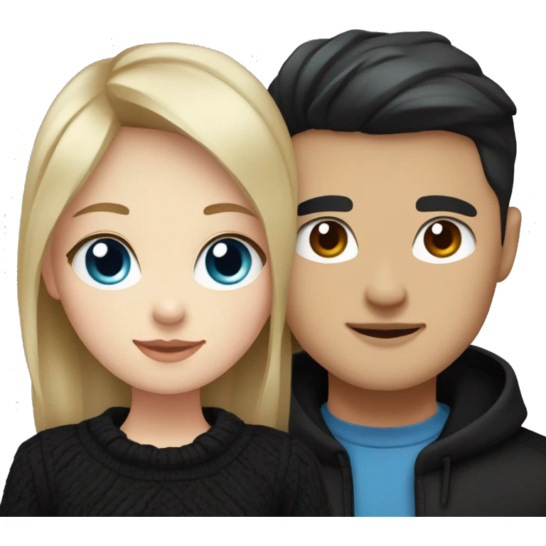 dark Blonde girl with blue eyes in black sweater and an east asian with light skin man with black hair and black eyes hugging emoji