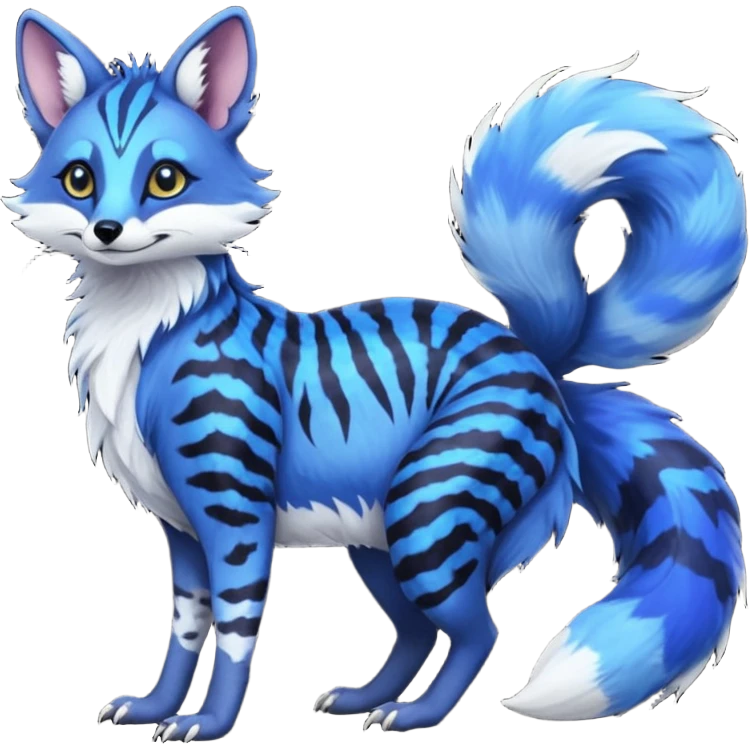 Feral chubby floofy fluffy cute soft silky furry Rare Fantasy vibrant dark shady shaded detailed deep-dark-cobalt-blue-gradients-colored colorful Vernid-Sergal-Genet-Trico-Fox-species by LiLaiRa, with dark-blackish points, white belly, random markings, tufted tail, tufted ears, full body emoji