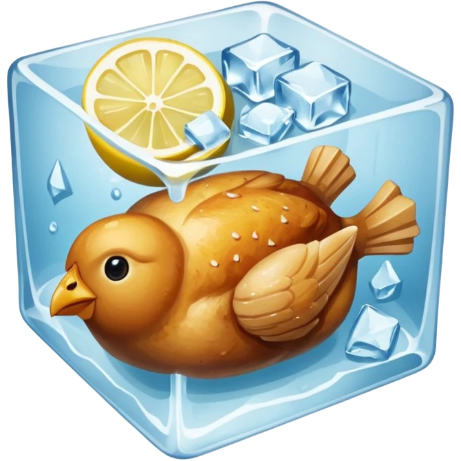 baked chicken with lemon wedges on a large platter, inside a large ice cube emoji