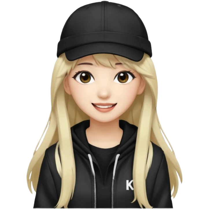 Portrait of a female K-pop idol, wearing a stylish streetwear outfit with layered clothing, long hair with bangs, makeup, wearing a black cap emoji