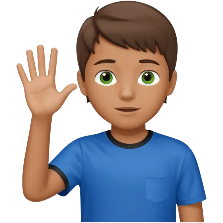 Boy 10 years old, with overgrown brown hair,with a with black and green eyes in a blue T-shirt, waves his hand emoji