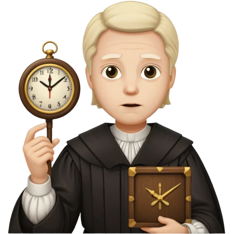 a 1600s judge with a hurried expression holding a clock that is UNFAIR emoji