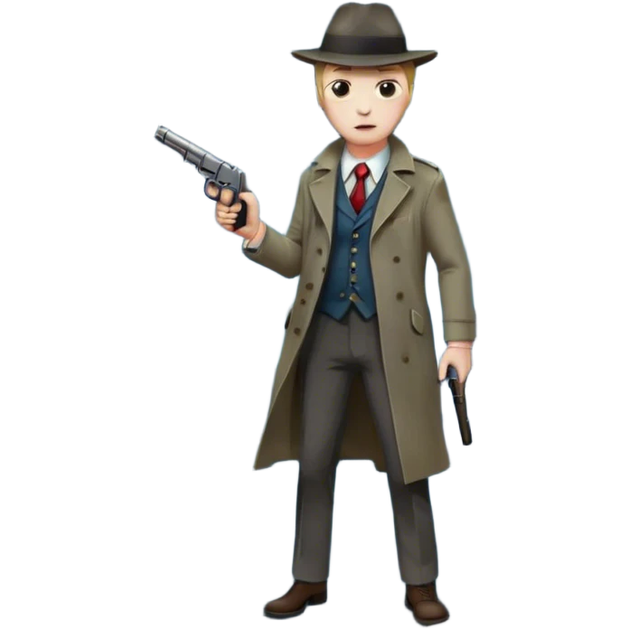 Icon for Detective Movie: Close-up of a detective holding a pistol on a dark London street, under a full moon. Bloodstains on the asphalt from a recent crime. The scene should evoke a gritty noir detective vibe with atmospheric shadows and moody lighting. Transparent background. emoji