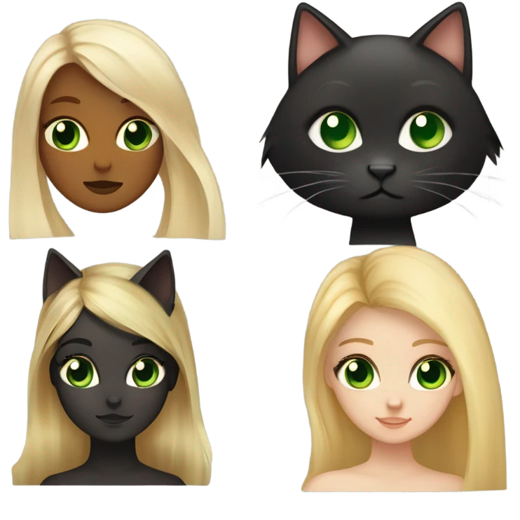 A girl with light green eyes, long blonde hair with brown roots, a black cat with green eyes on lying on her right shoulder, and a tortoiseshell cat on her left shoulder emoji