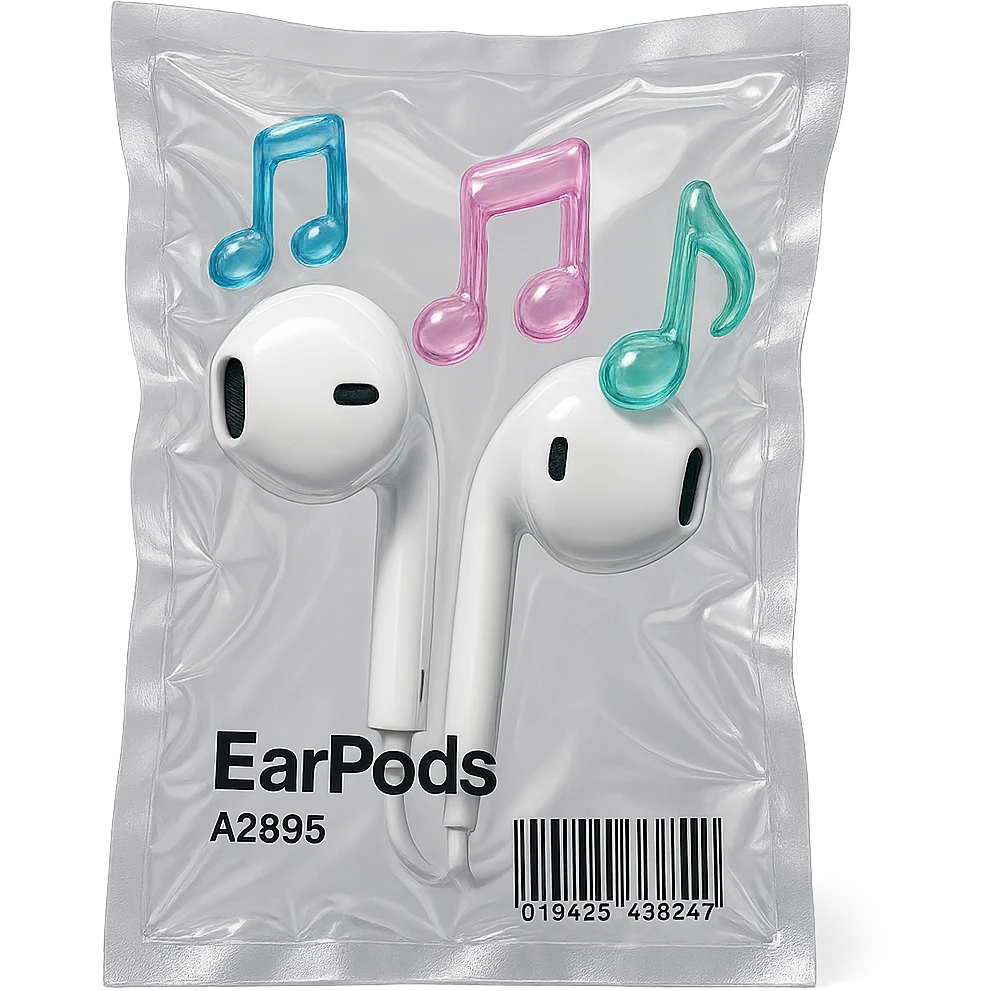 pair of white EarPods with three floating glass music notes in pastel blue, pink, and mint, glossy and inflated emoji