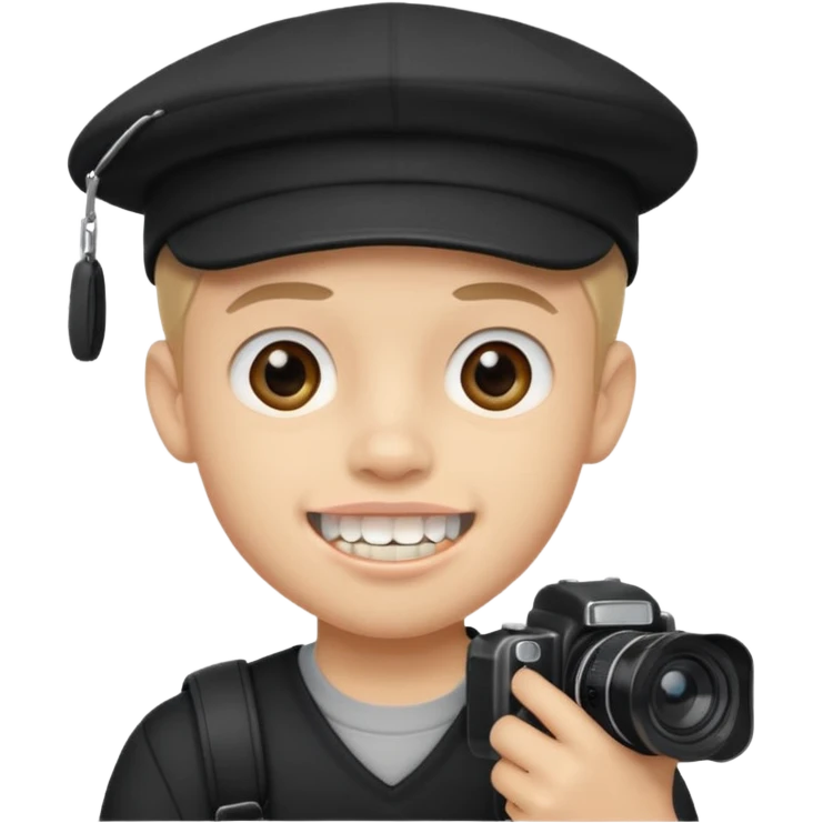 schoolboy with big front teeth wearing a black cap holding a camera in his hand emoji