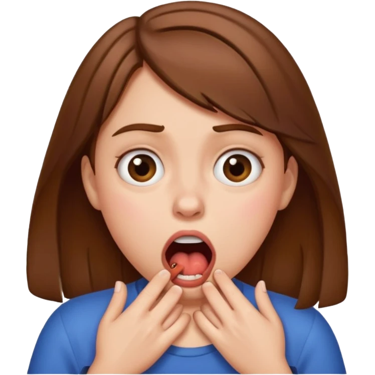 A girl with brown hair chocking herself with funny face emoji