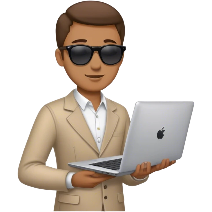 Create an emoji of a male teacher wearing sunglasses and holding a laptop. The character should have a friendly and approachable expression, with a modern, stylish appearance. The outfit should be casual yet professional, and the laptop should look sleek and simple. The design should have clean lines and a minimalistic style, conveying a cool and tech-savvy vibe. emoji