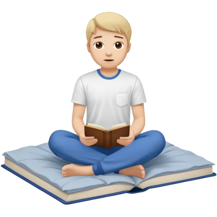 bed with a wrinkled blanket, the pillow out of place on the floor. t-shirt, pants, and an open book on the floor. emoji