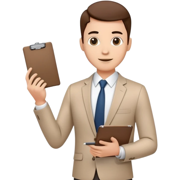 professional character standing and gesturing with one hand, while holding a clipboard or tablet in the other. The character wears smart casual business attire. emoji
