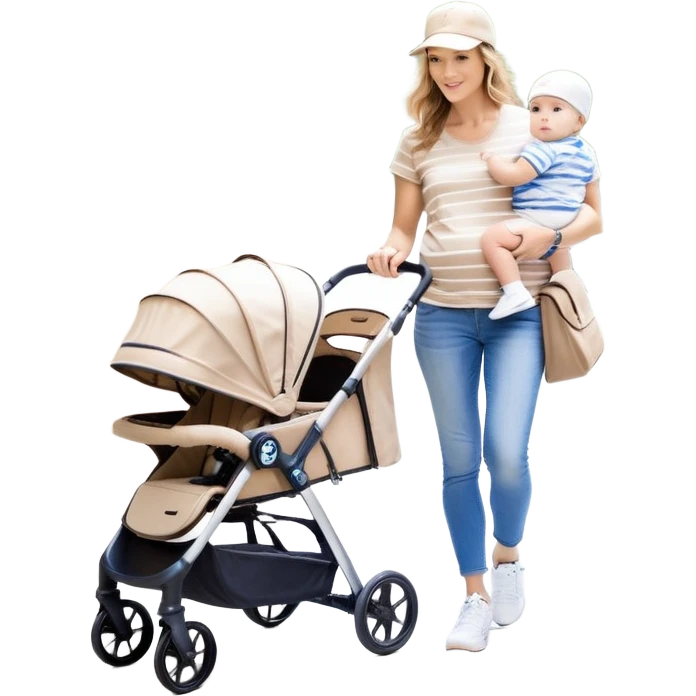 A mom with a brown stroller, a coffee cup attached to it. Inside, a 6-month-old baby boy with light brown hair and blue eyes. The mom is wearing a beige T-shirt and a matching beige cap. The baby is dressed in white sneakers, a white and blue striped T-shirt, and jeans emoji