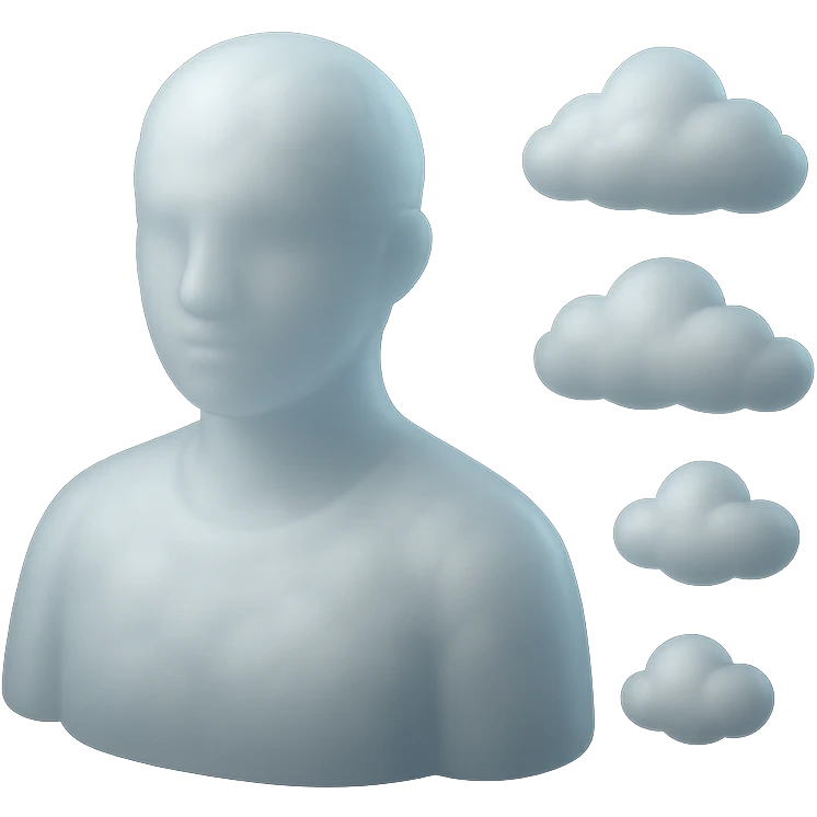person looking straight, fully made of white fluffy convex clouds, shoulders, matte glass style emoji