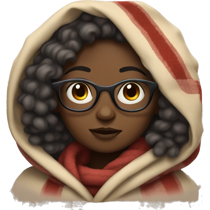 Dark skin girl with curly hair and glasses bundled up in a blanket  emoji