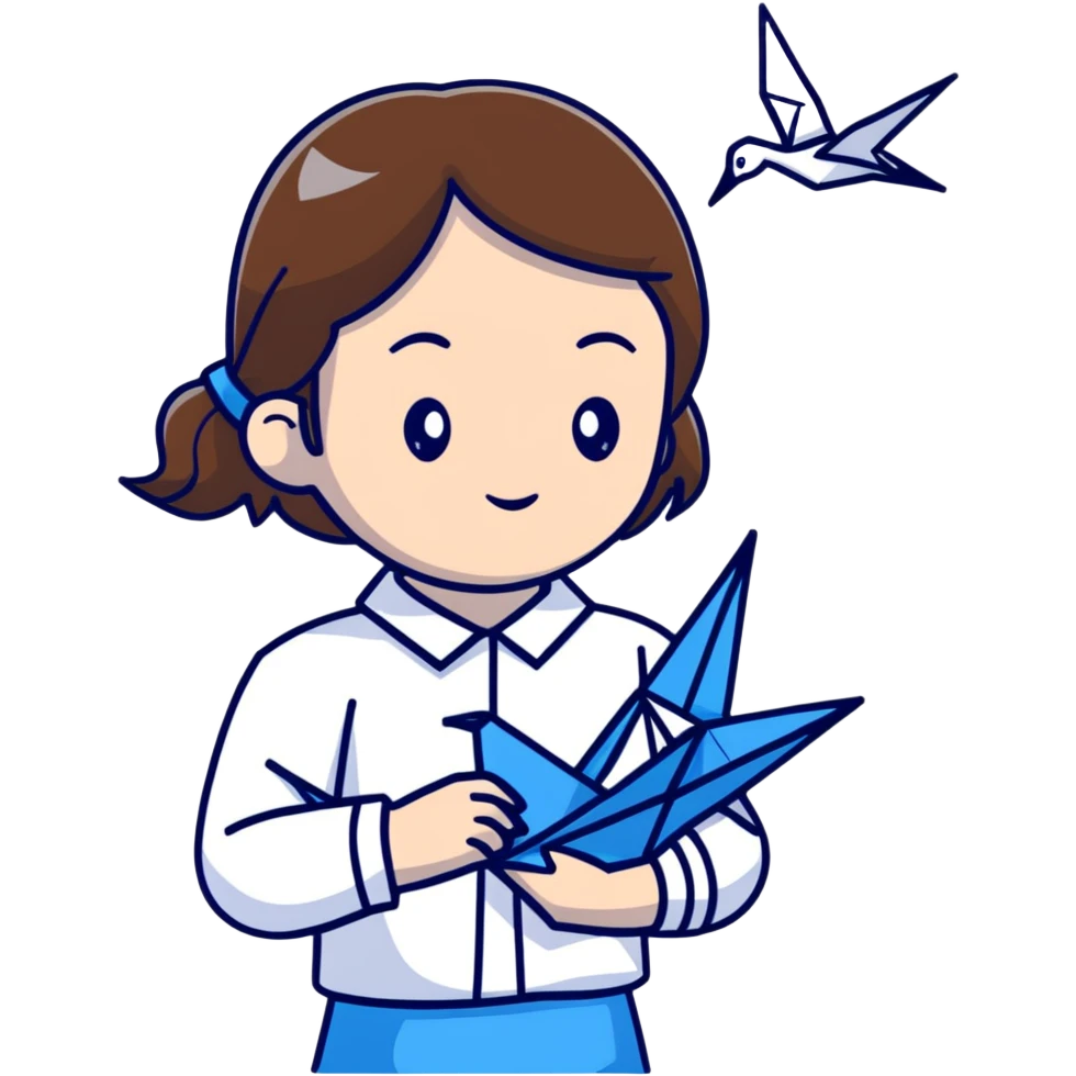 A Ukrainian young girl with brown hair wearing a white embroidered shirt holds an origami blue crane emoji