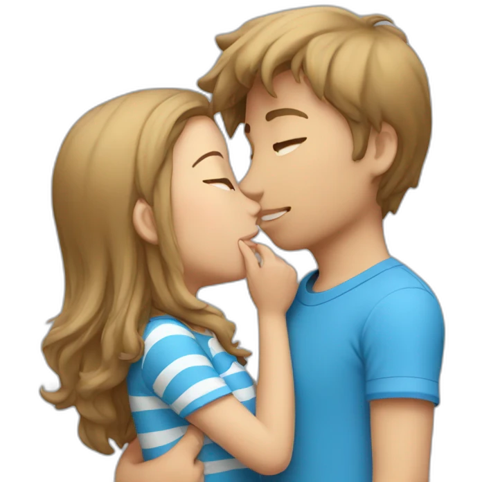 boy in blue shirt kissing a girl with blue shirt and white stripes emoji