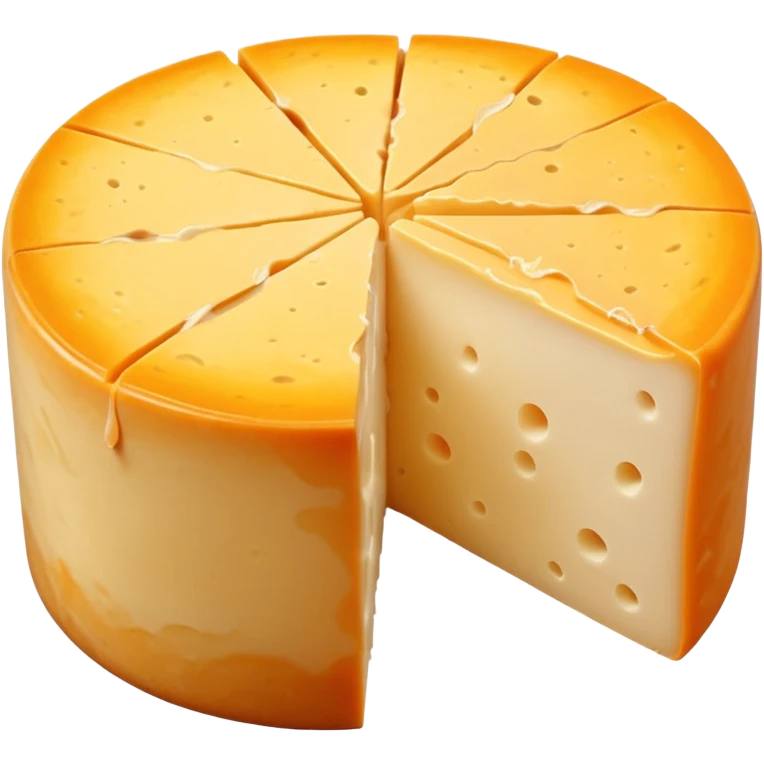 whole reblochon cheese round soft washed rind orange-beige mottled velvety wedge cut creamy pale yellow inside gooey near rind no board knife or garnish soft lighting emoji scale emoji