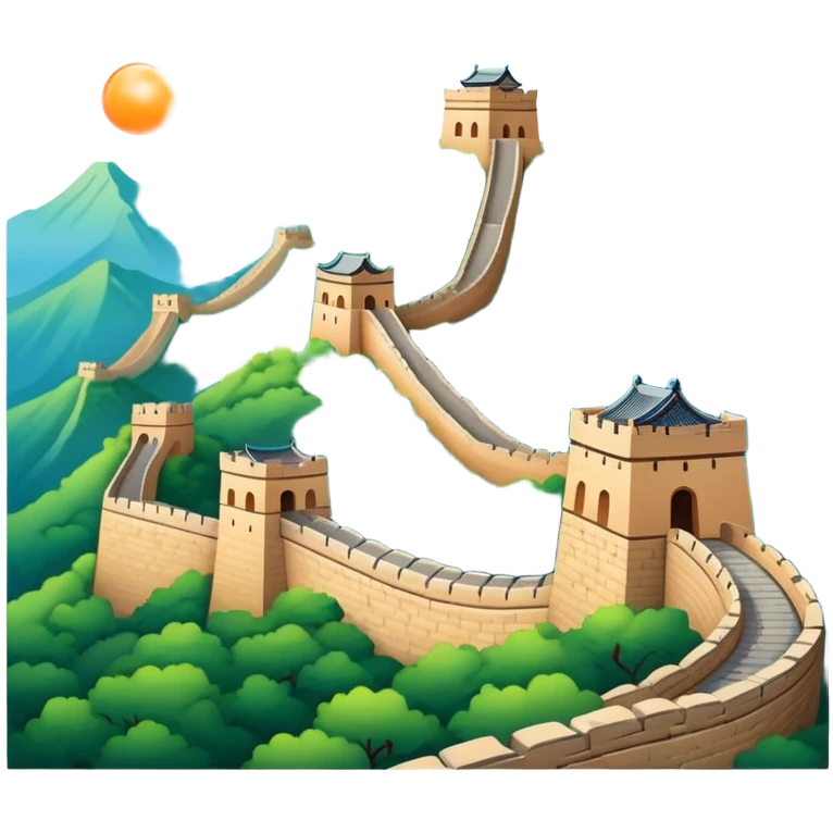 Great Wall of China, simplified emoji style with bold outlines and bright colors, cartoon style ancient wall on mountains emoji