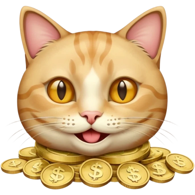 smiling cat with coins or dollar bills in its eyes, lively emoji style, mimicking cash eyes emoji emoji