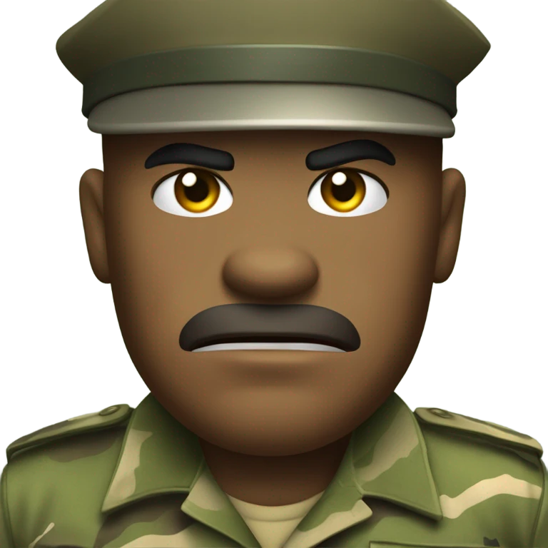 drill sergeant character wearing a classic sergeant hat and a camouflage army shirt. The character should have an angry intense expression. full torso emoji
