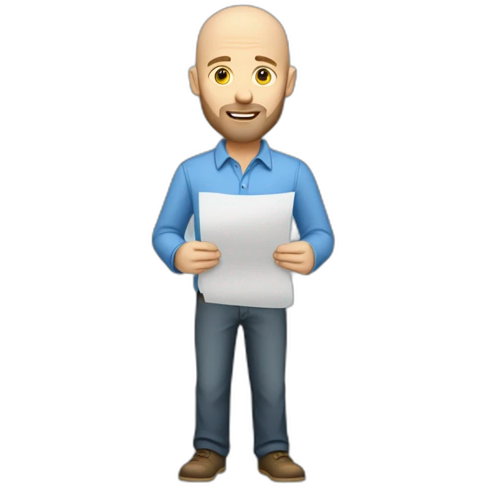caucasian male with small beard and almost bald smart casual blue shirt holding papers emoji