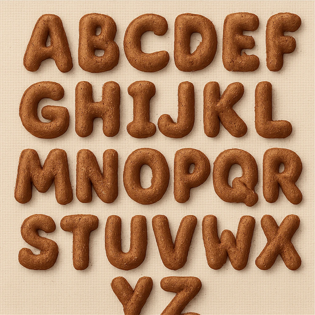 brown plush English alphabet, letters stitched onto a fabric background, soft texture emoji