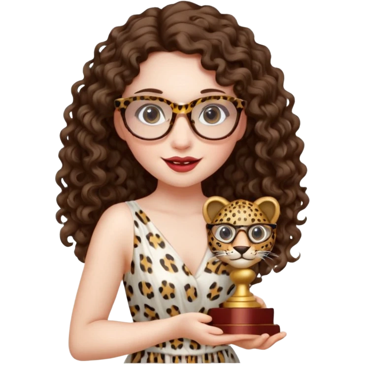 A girl with white pale skin,  full lips, brunette LONG curly hair. She is wearing a white  silk dress. She is holding an award and happy. She has a leopard print round-ish shaped glasses.  emoji