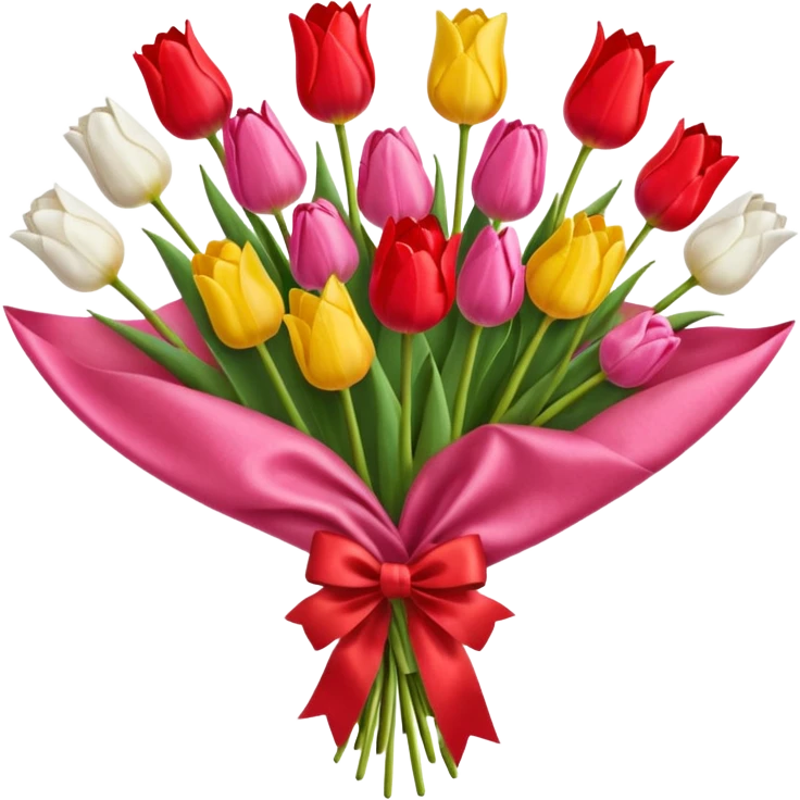 bouquet of many tulip with bow and yellow wrapping paper emoji