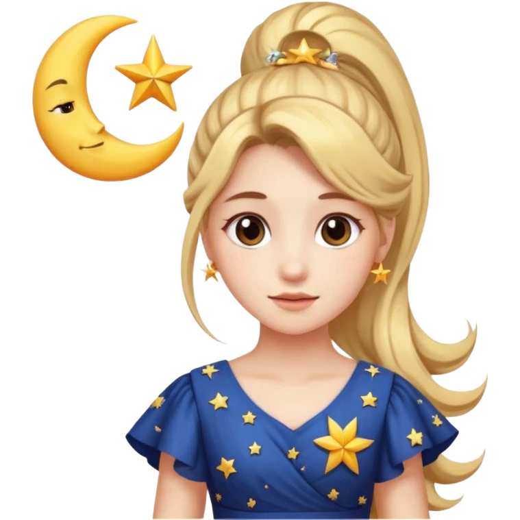ponytailed girl, sun, moon, star emoji