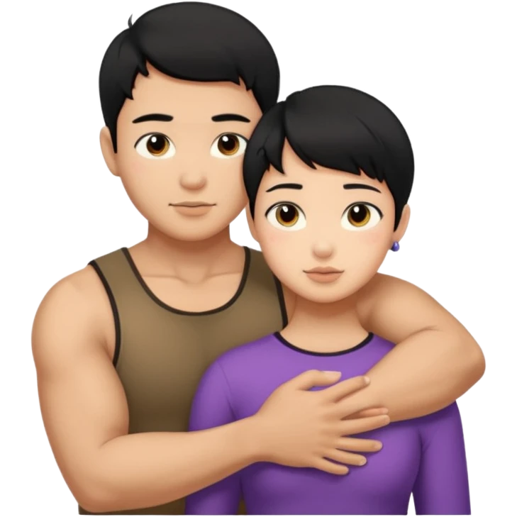 buff Asian Man black hair hugging girl with black pixie cut  emoji