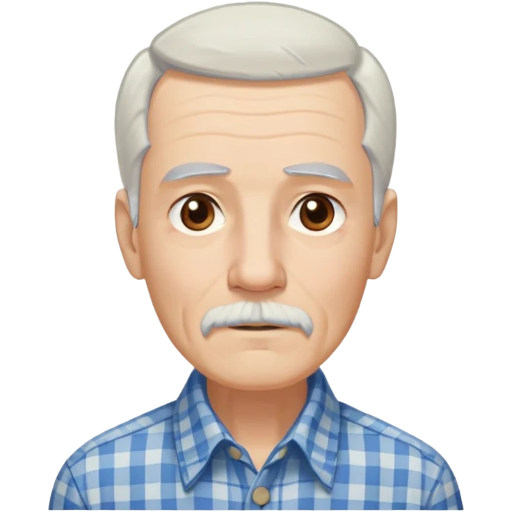 Thin elderly man with light skin. Elongated face with kind expression. Light brown eyes. Thin eyebrows. White goatee and white mustache. Very long, straight fine gray-white hair that reaches shoulders, with some bangs. Slim build. Wearing a blue and beige checkered button-up shirt. emoji