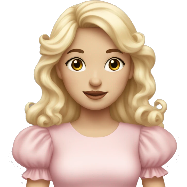 Blonde, pale girl with bangs and long, curly hair and a pastel pink puff sleeve dress emoji