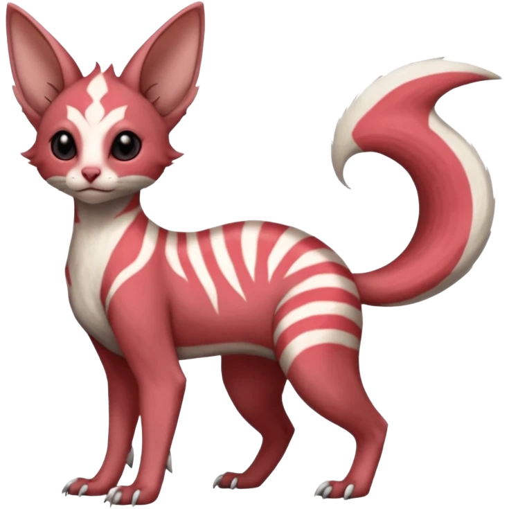 Minccino-Lykoi-Emolga-Sphynx--Zangoose-fusion-hybrid-animal-Fakémon-creature, full body, thin long sleek scaly tail, intricate markings emoji