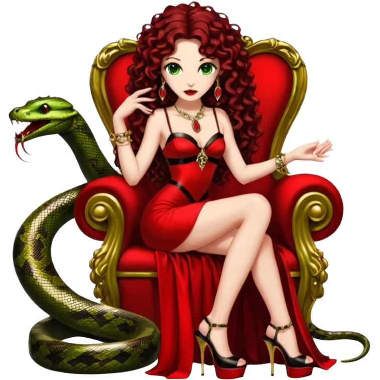 Lilith green eyes, symbol seductress evil brown curly long hair haired, sexy succubus woman with red and black Chanel dress on. A red and black stiletto platform high heel shoes on. sitting on a Black and gold throne. A giant snake sitting beside her. Red rubies and black diamonds surround them both emoji