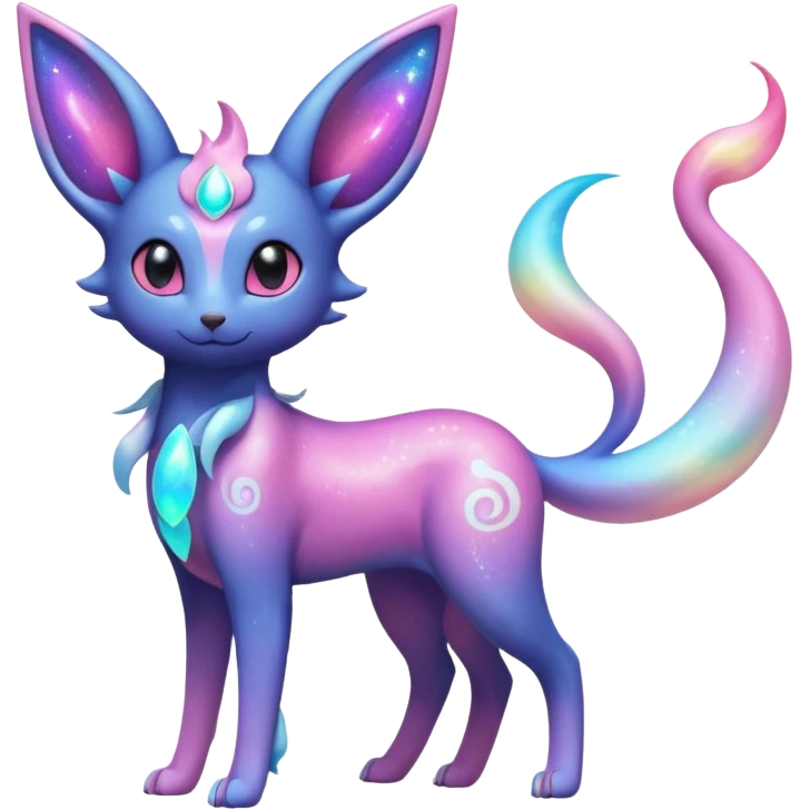 Shiny Iridescent Nebulae Espeon-Umbreon-Sylveon-Dragonair-Fakémon-hybrid-creature (full body)  with a galaxy-dust-flowing-gradient-tail emoji