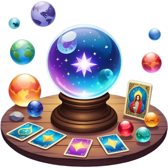 a mystical icon featuring a crystal ball (fortune-telling sphere) on a table with tarot cards scattered around. Surround the scene with planets, stars, and zodiac signs. The design is vibrant, magical, and evoke a sense of mystery and spirituality, with glowing effects and a cosmic atmosphere. emoji